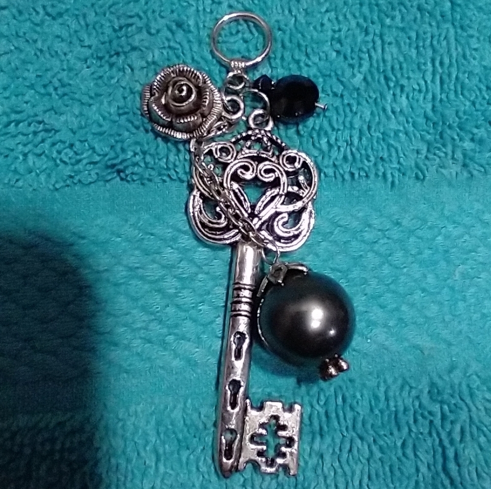 Silver Key Rose Pendant Charm with Black Accents